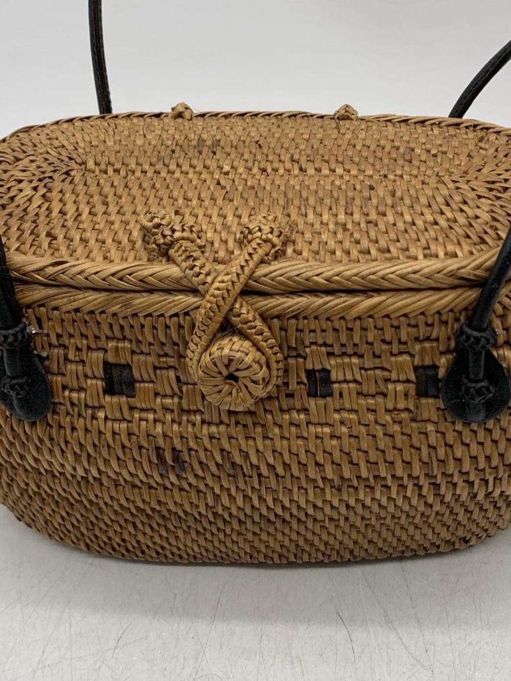 Vintage Rattan Woven Boho Handbag Brown Basket Purse Blue Batik Lining - Picture 2 of 8